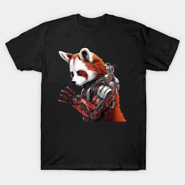 Mechanized Marvel: Red Panda Cyborg T-Shirt by MerlinArt